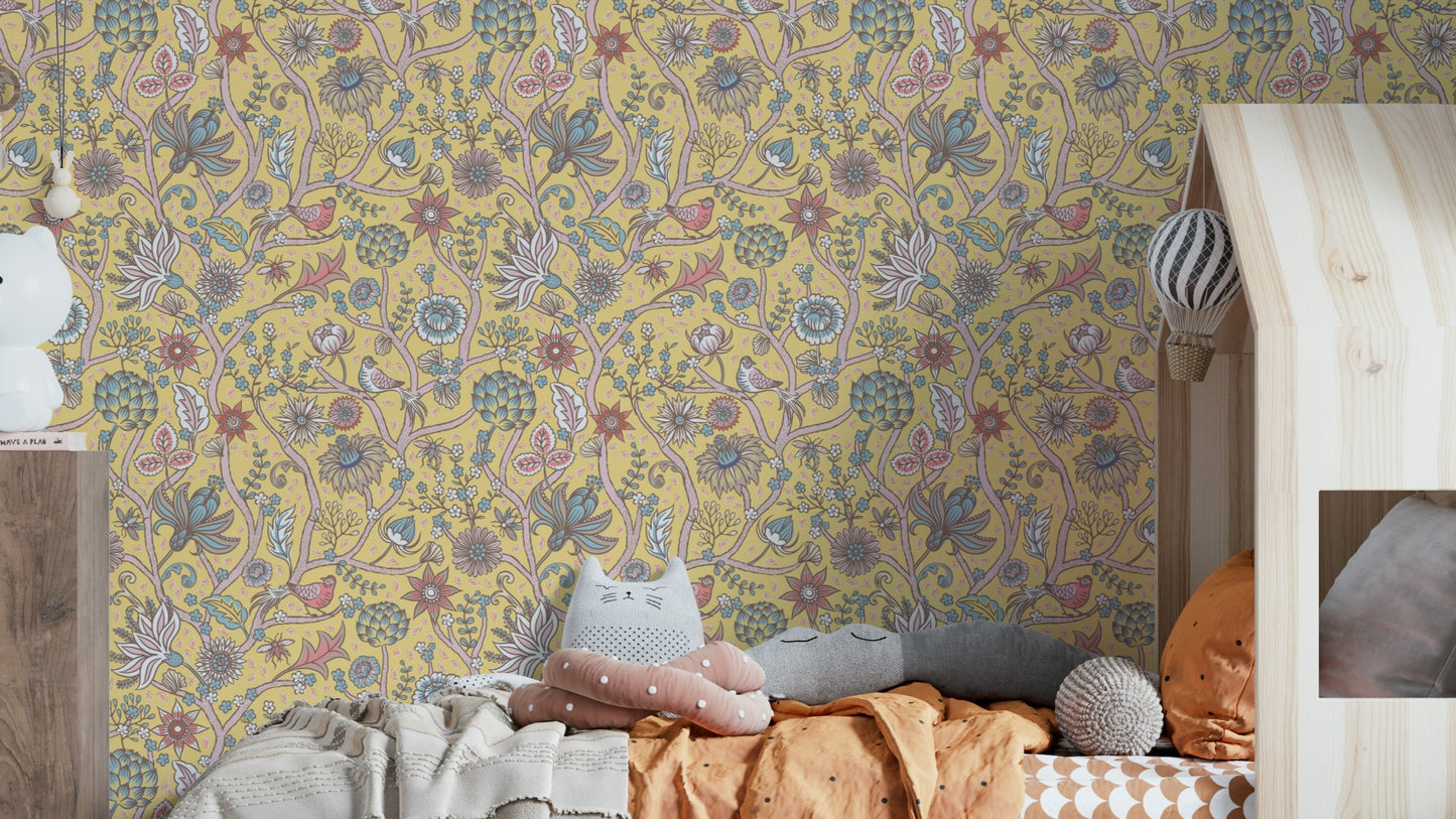 Tree of Life design in green on yellow wallpaper

