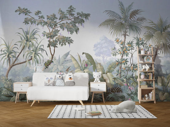 Dense Watercolor Jungle wallpaper mural shown as a full feature wall that highlights the design