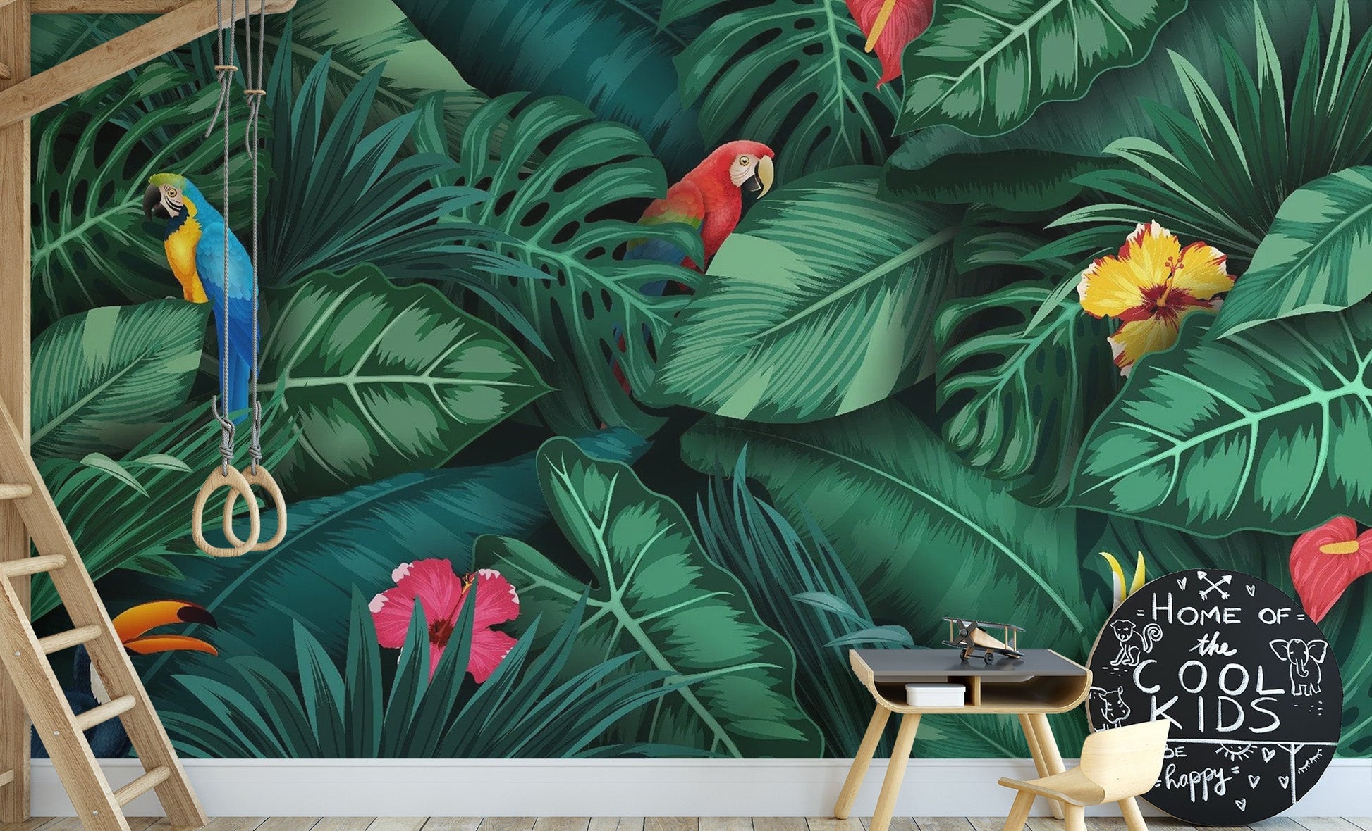 Exotic green leaves wallpaper mural featuring tropical birds.