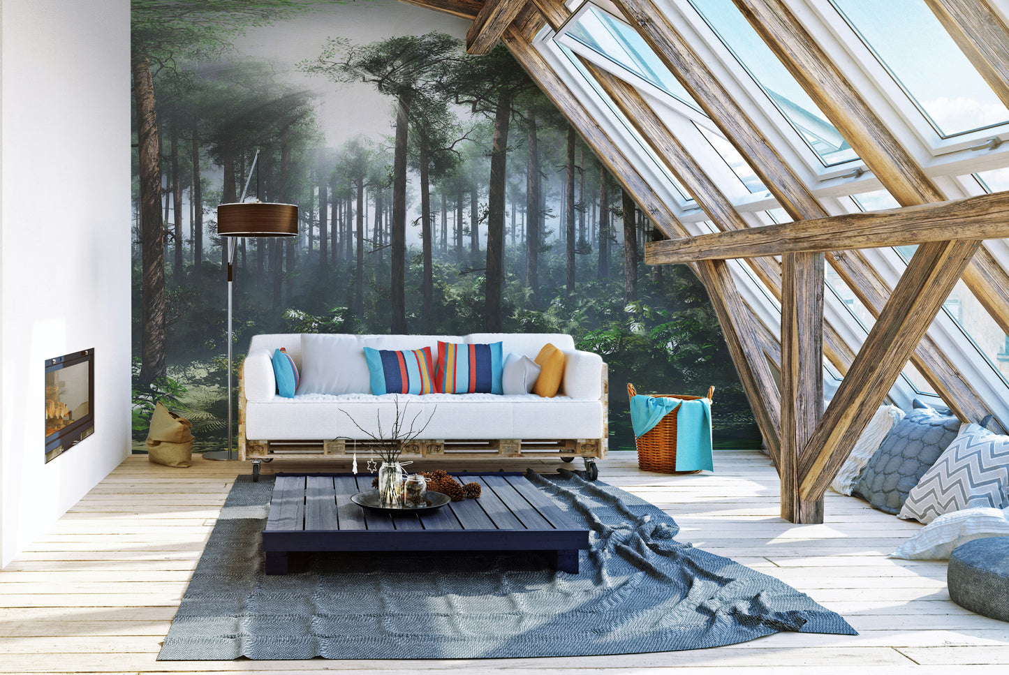 Green Tropical Foggy Forest wallpaper mural behind a white pallet sofa in a skylit attic living room