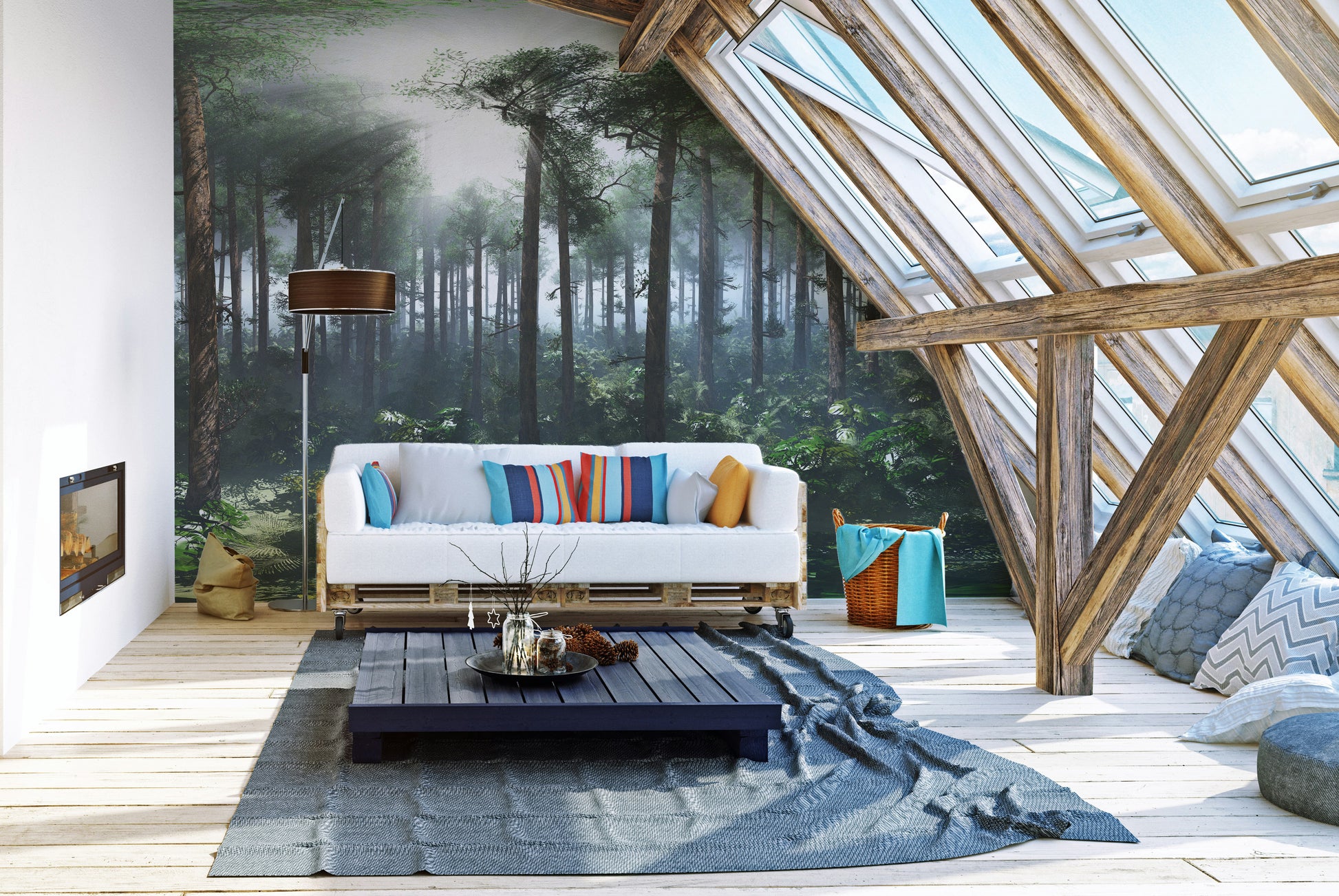 Green Tropical Foggy Forest wallpaper mural behind a white pallet sofa in a skylit attic living room