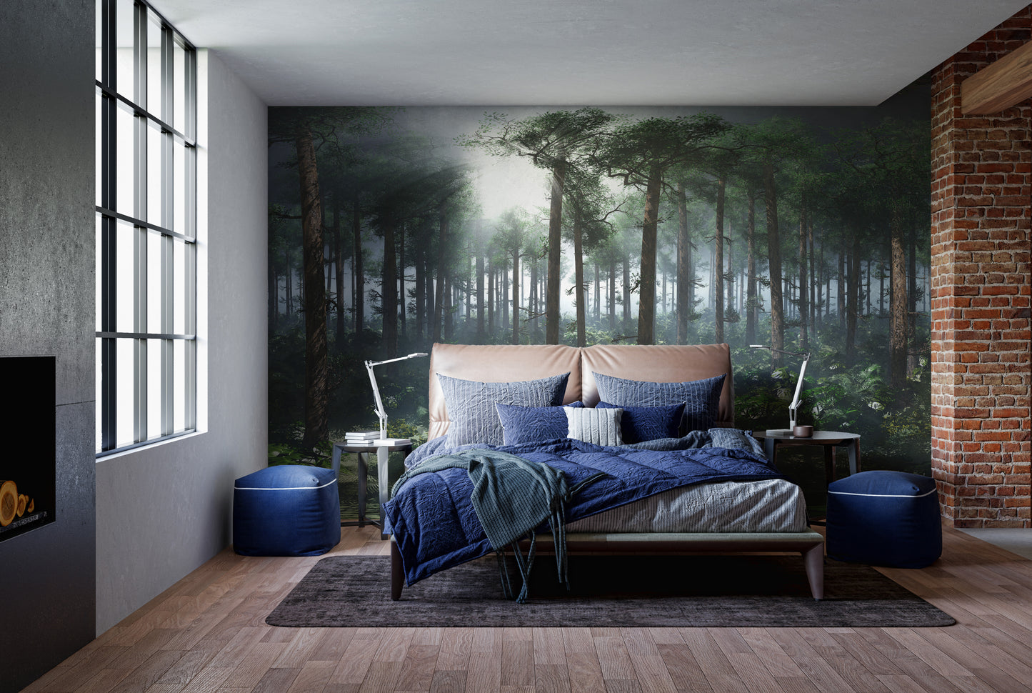 Green Tropical Foggy Forest wallpaper mural behind a blue-bedded headboard by a brick wall in a bedroom