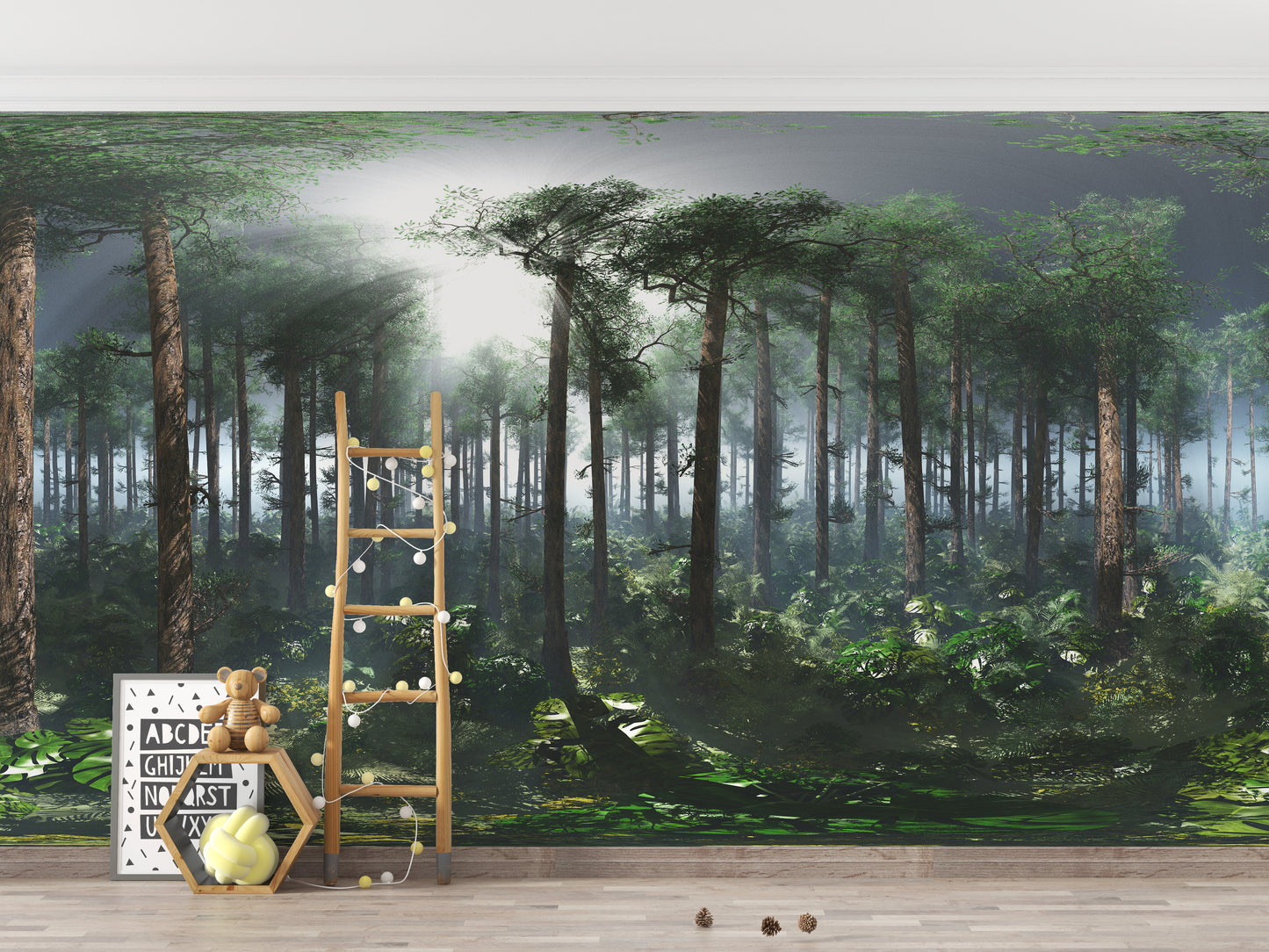 Green Tropical Foggy Forest wallpaper mural of tall pines beside a wooden ladder and teddy bear in a kids room
