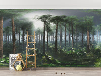 Green Tropical Foggy Forest wallpaper mural of tall pines beside a wooden ladder and teddy bear in a kids room