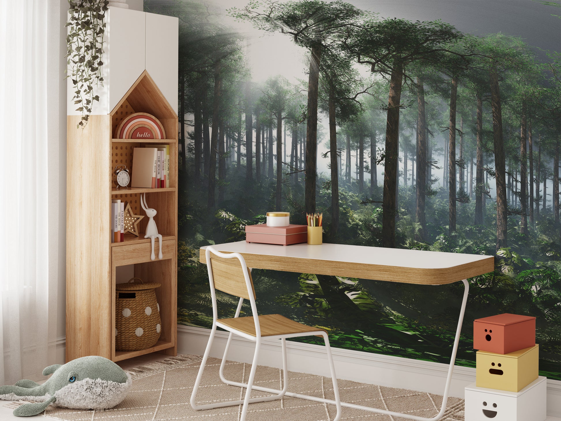Green Tropical Foggy Forest wallpaper mural of misty pines above a white desk in a kids study room