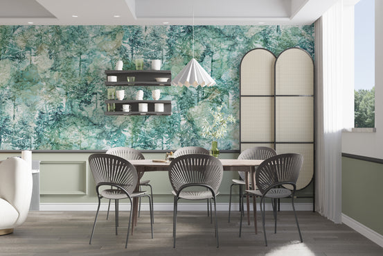 Fresh Green Vibes Tropical Forest wallpaper shown as a full feature wall that highlights the design