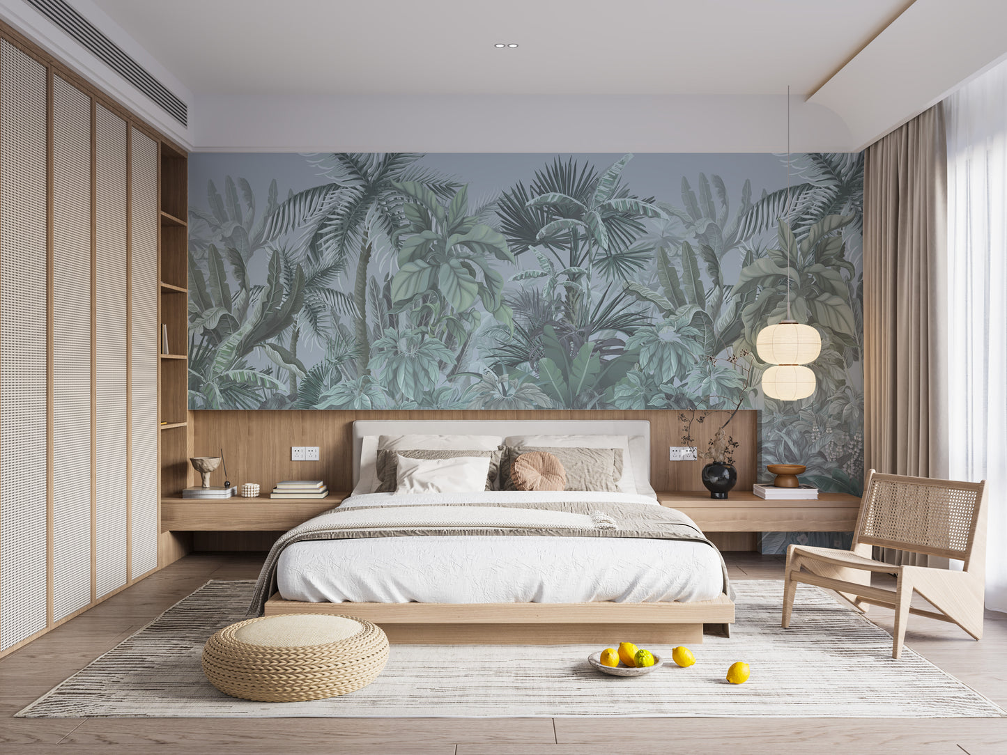 Green Tropical Leaf Forest wallpaper mural styled along a hallway feature wall near a console