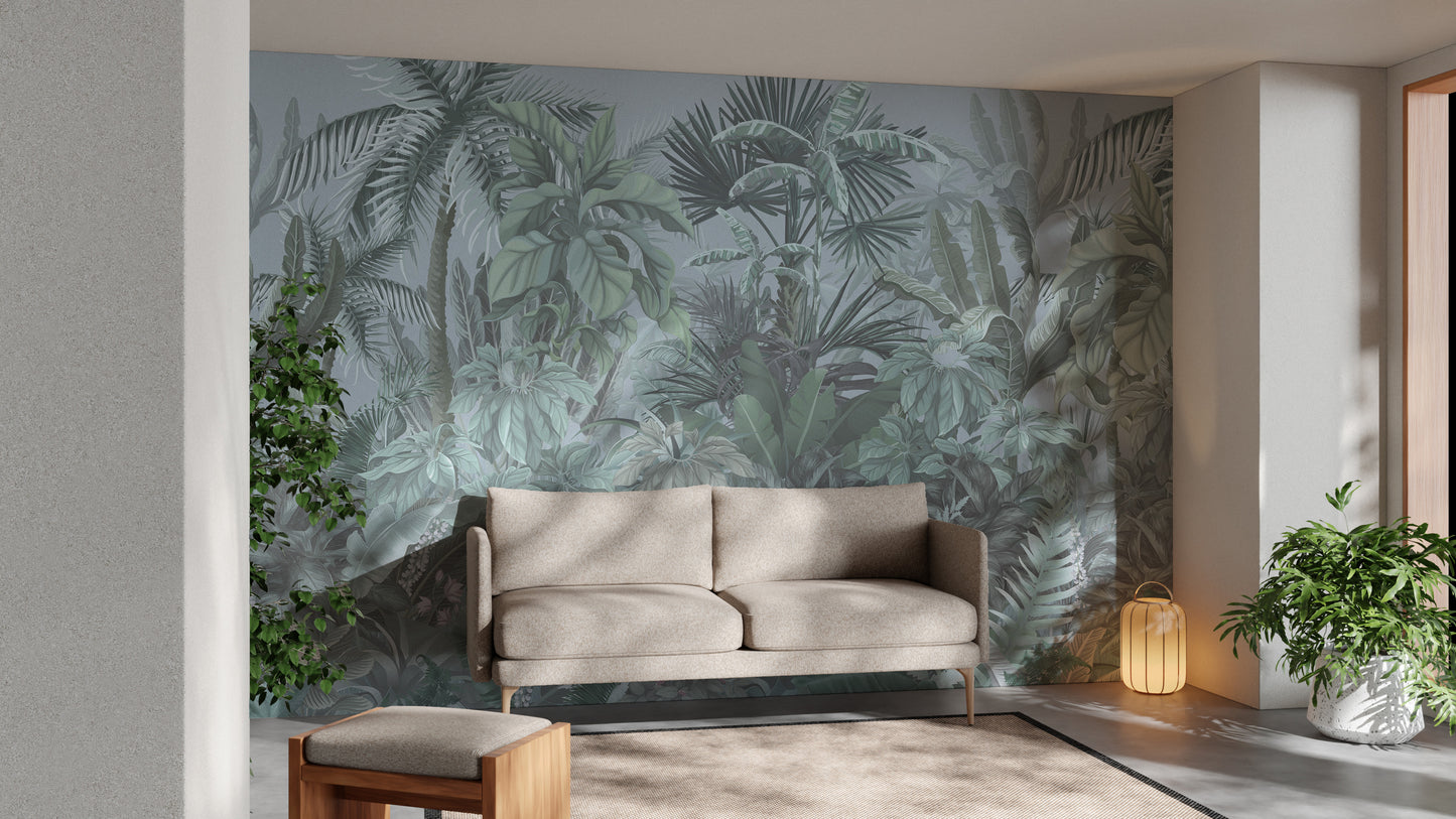 Green Tropical Leaf Forest wallpaper mural as a bedroom feature wall behind the headboard