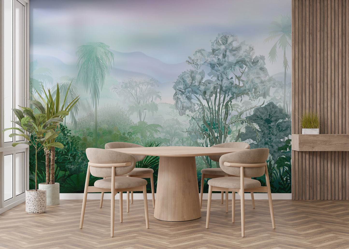 Green Tropical Rainforest wallpaper mural with palms behind a round wood table and beige chairs in a dining room