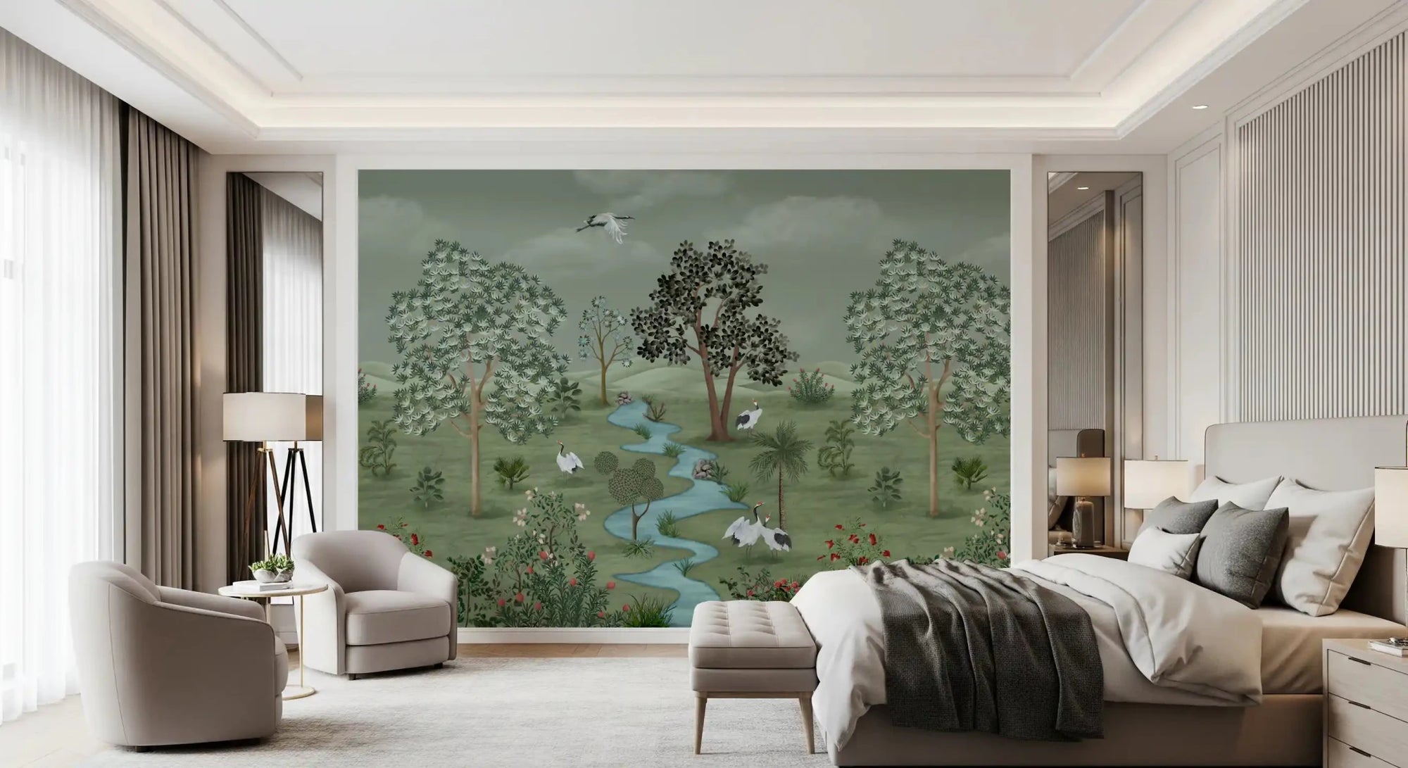 Wall mural featuring cranes beside a stream, perfect for a Bedroom feature wall.
