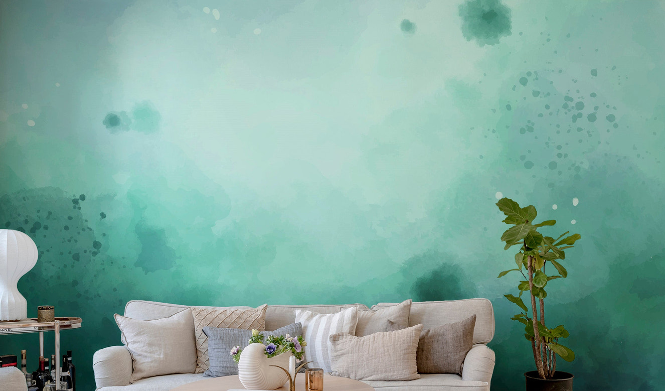 Elegant green watercolor wallpaper mural for modern interiors.
