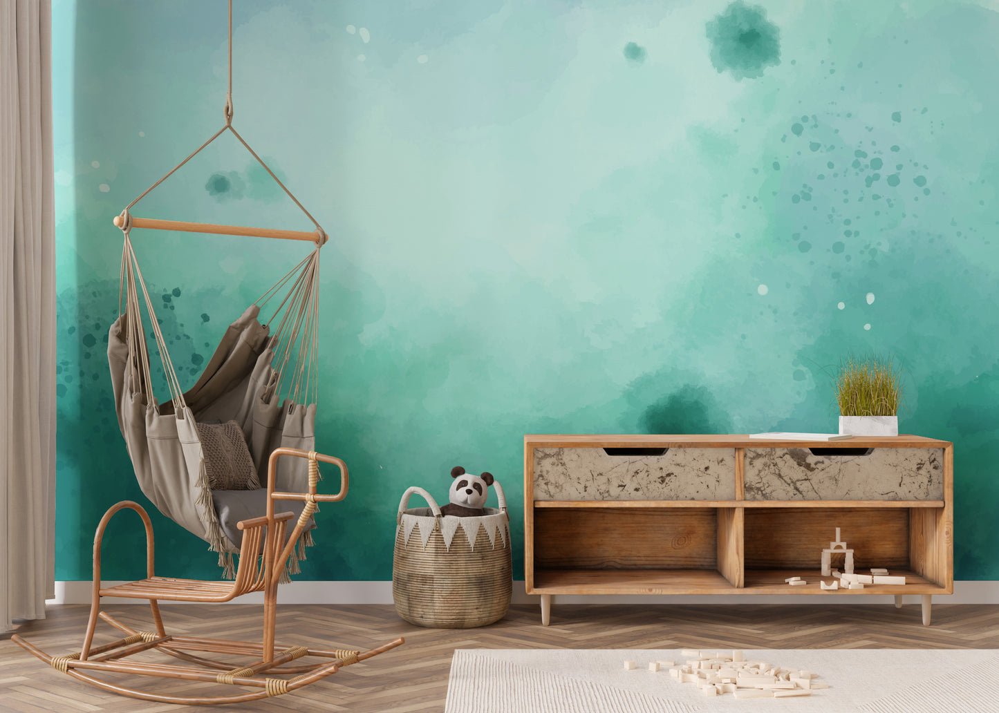 Serene watercolor green mural for a calming wall design.
