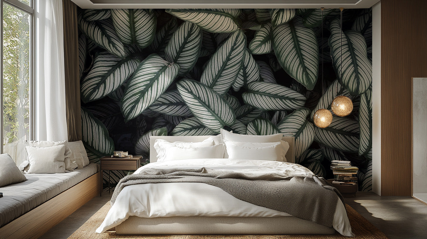 Green White Leaves wallpaper mural styled along a hallway feature wall near a console in green tones