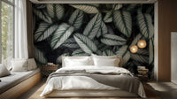 Green White Leaves wallpaper mural styled along a hallway feature wall near a console in green tones