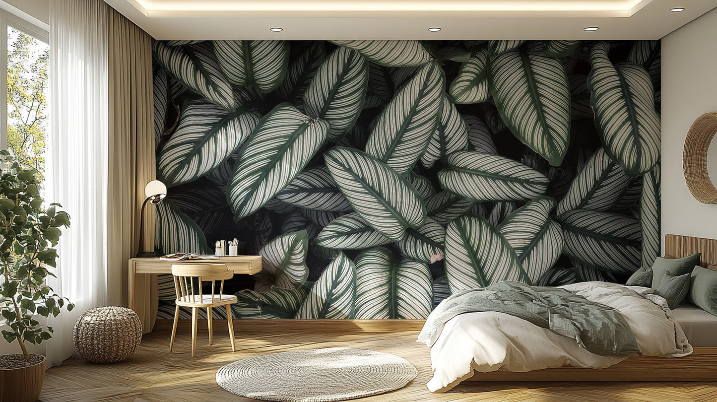 Green White Leaves wallpaper mural as a feature wall in a home office workspace in green tones