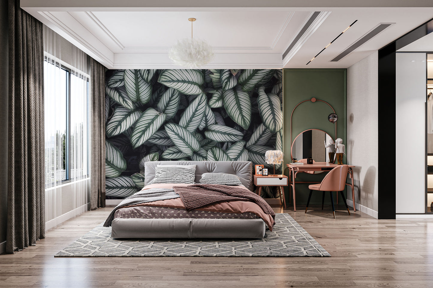 Green White Leaves wallpaper mural styled as a feature wall behind a dining table and chairs in green tones