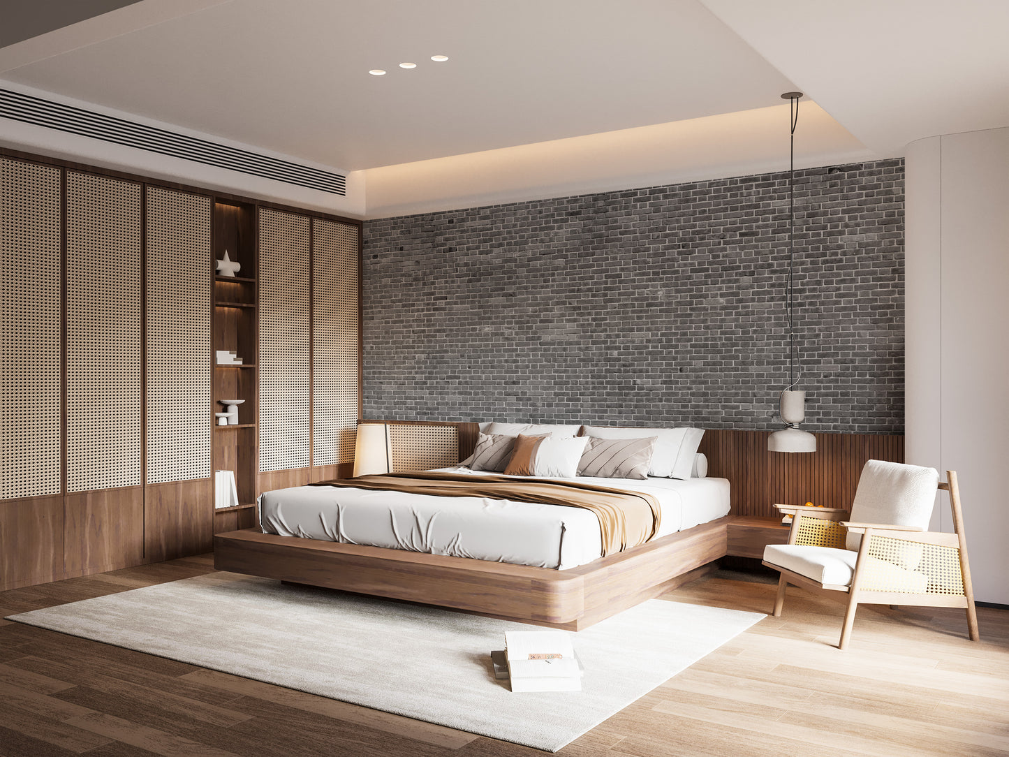 Matte finish grey brick wallpaper mural in a bedroom 