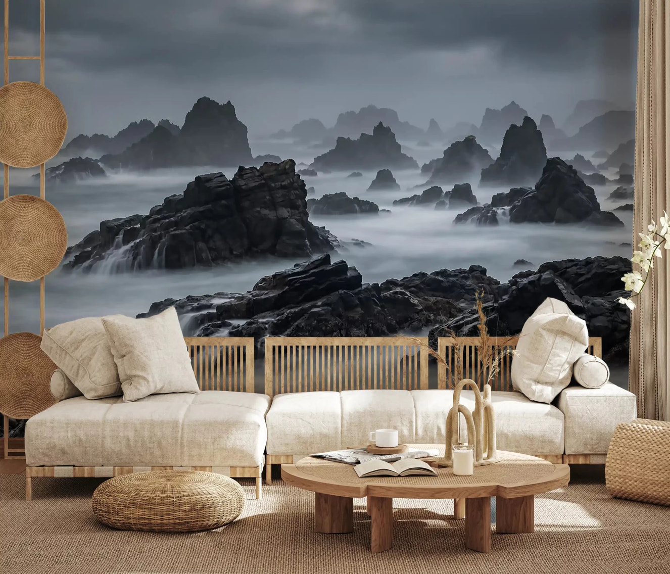 Living room with grey coast wall mural and misty rocky shoreline coastal scene
