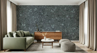 Romantic botanical mural with birds nestled among muted grey flowers