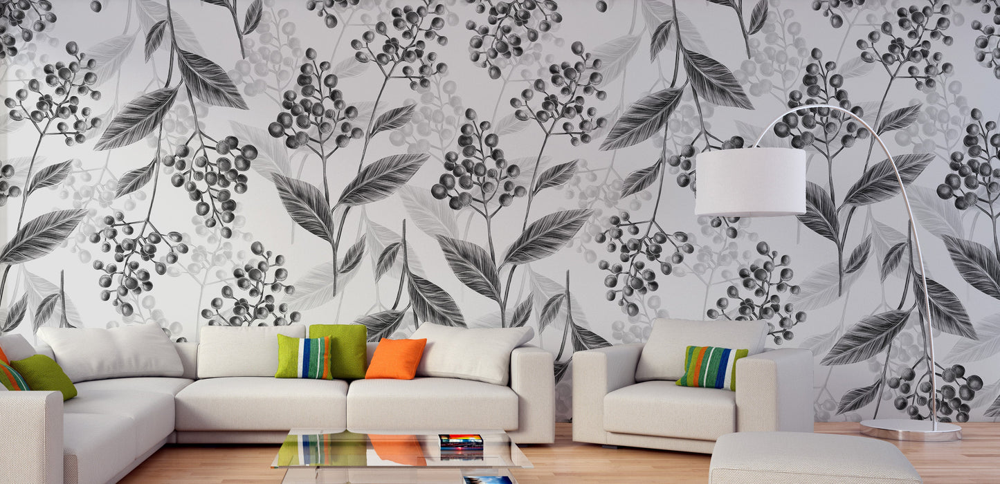 Elegant grey olives leaves mural for walls
