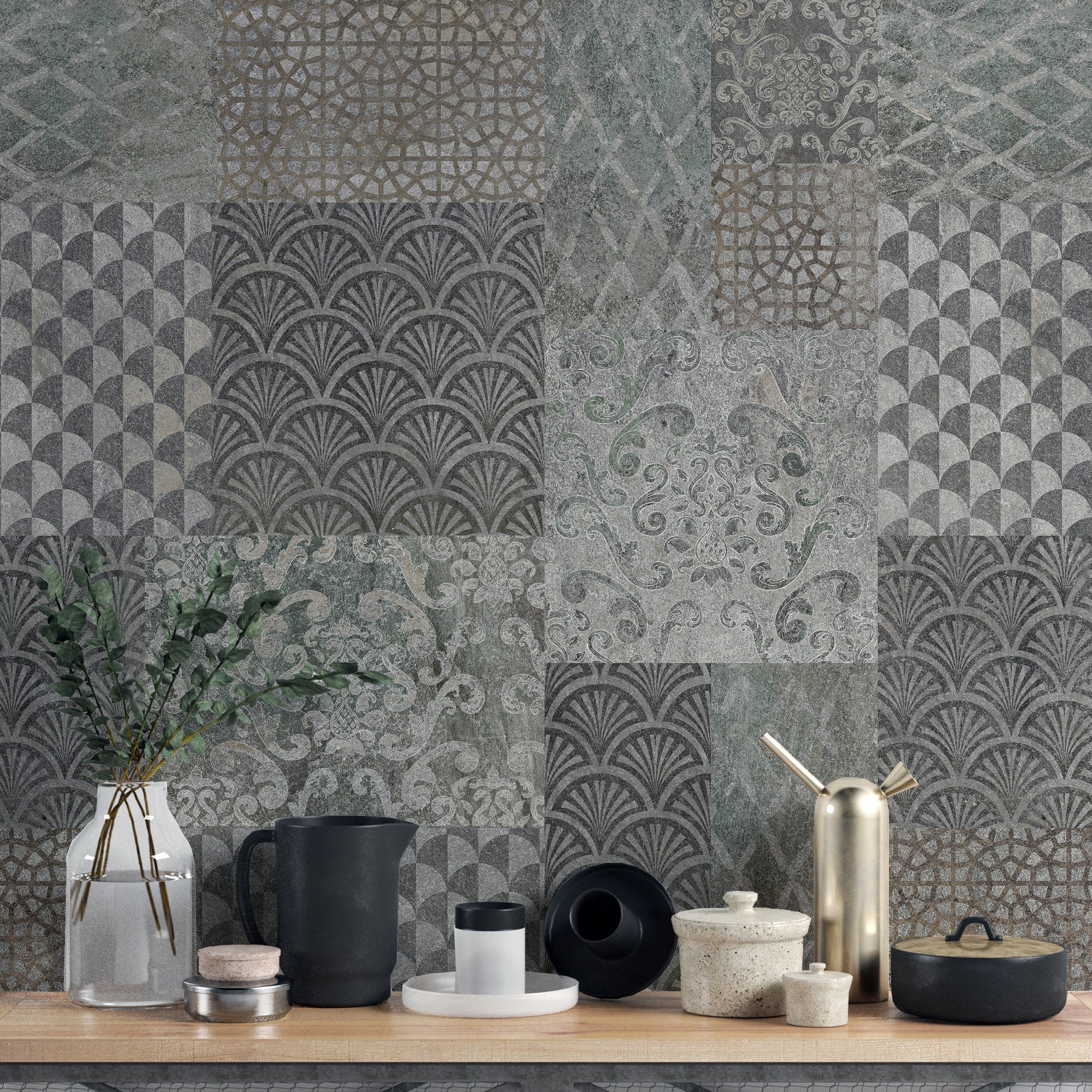 Grey Concrete Pattern Art Deco Patchwork wallpaper mural shown as a full feature wall that highlights the design