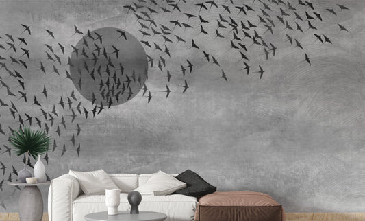 Gothic Flock Gray Halloween Wall Covering wallpaper mural shown as a full feature wall that highlights the design