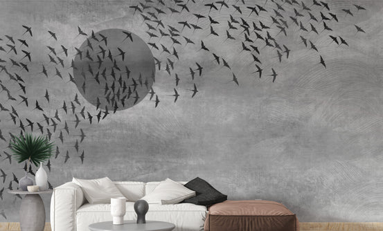 Gothic Flock Gray Halloween Wall Covering wallpaper mural shown as a full feature wall that highlights the design