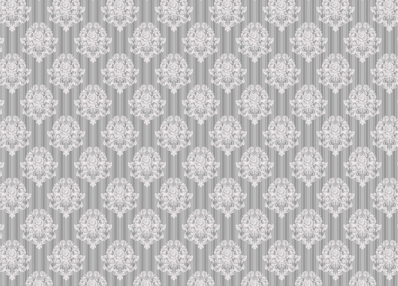 Grey White Pattern Damask Wallpaper in your room — zoomed