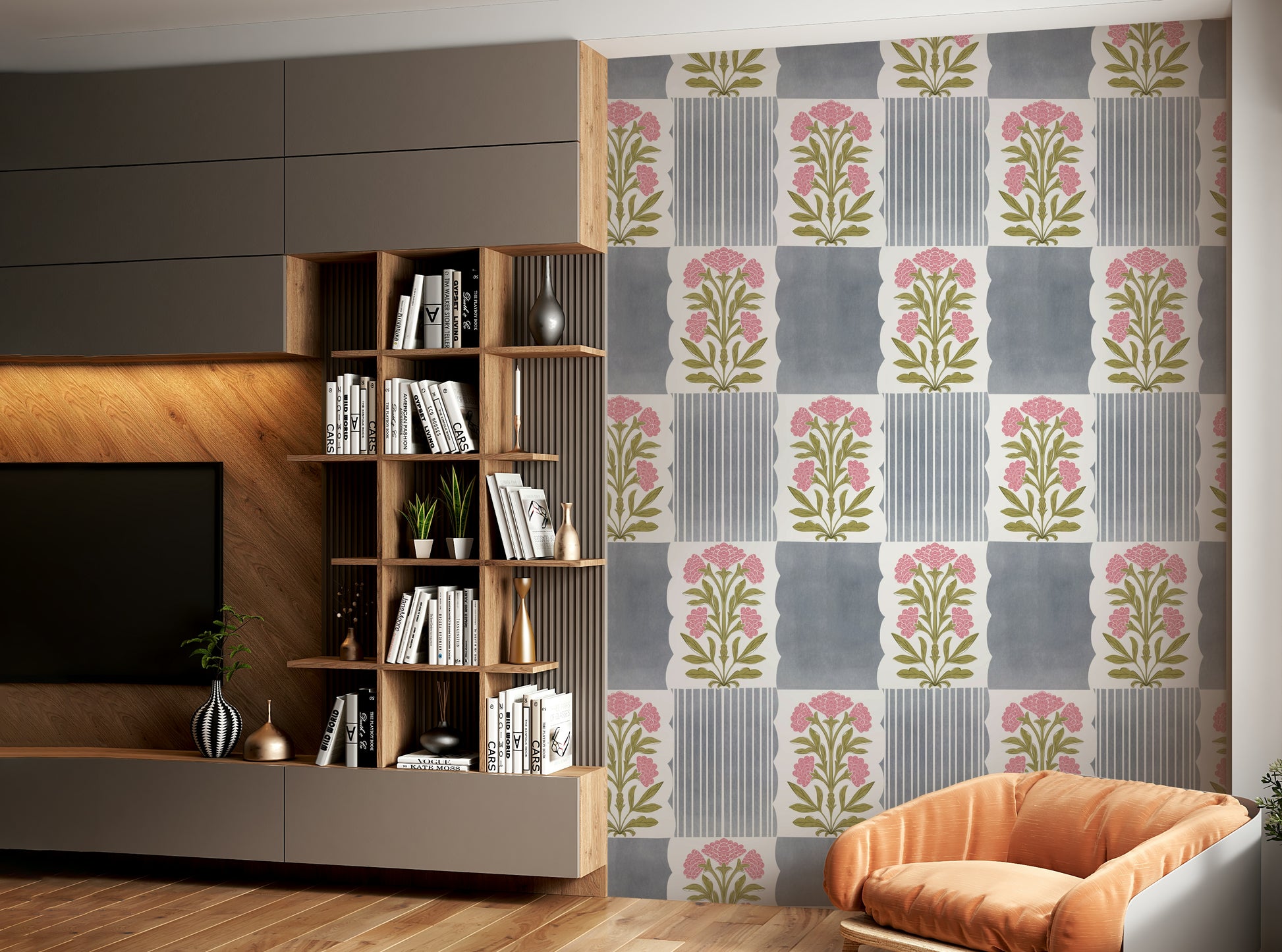 Subtle striped wallpaper in rose and grey tones

