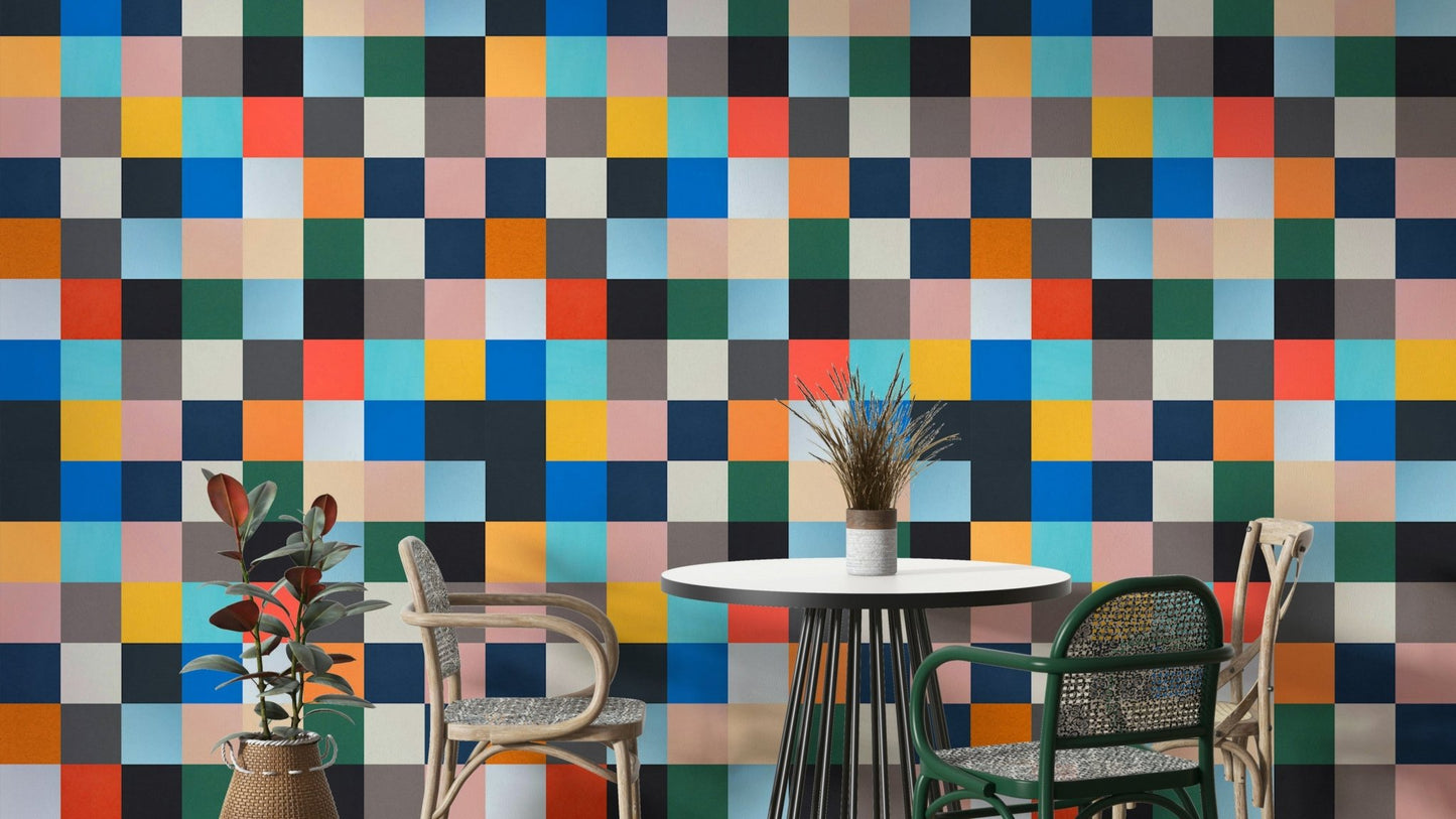 The design features geometric shapes and lines.

