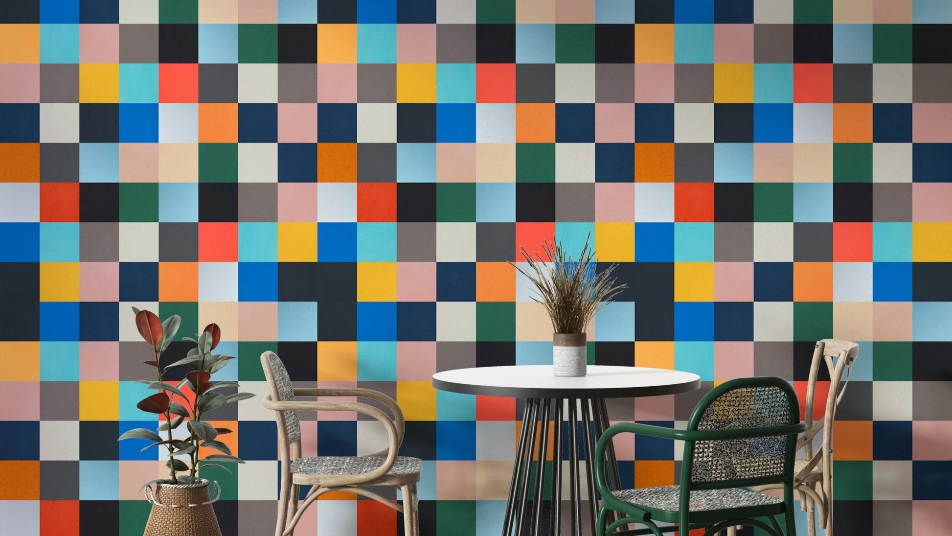 The design features geometric shapes and lines.

