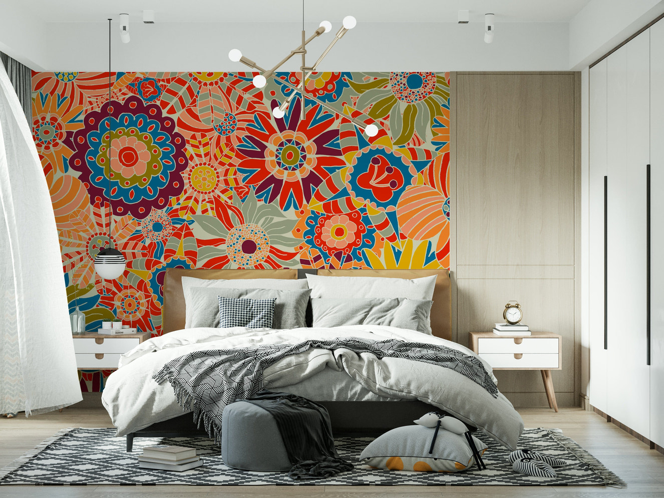 Colorful Groovy Blooms wallpaper mural, bold abstract floral design.