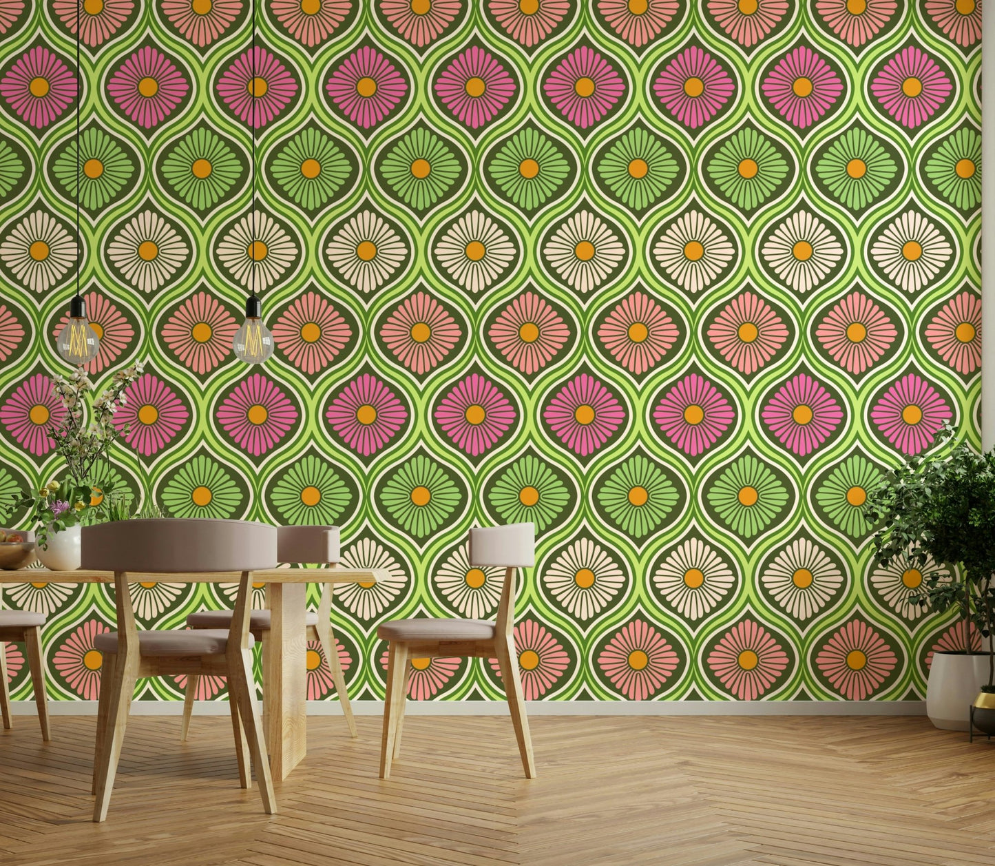 The design has a distinct 1970s "mod" aesthetic.
