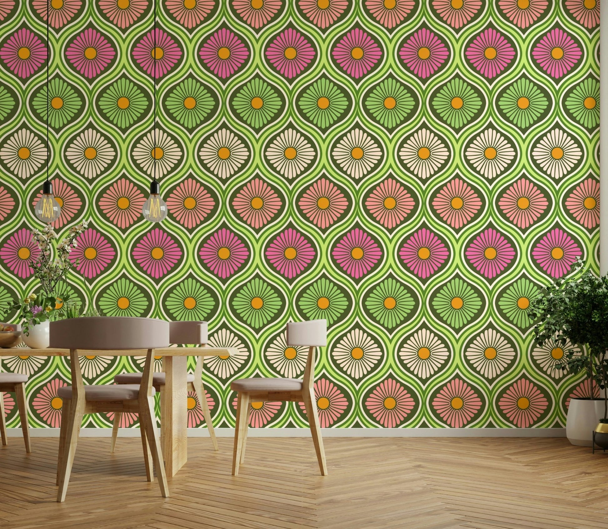 The design has a distinct 1970s "mod" aesthetic.
