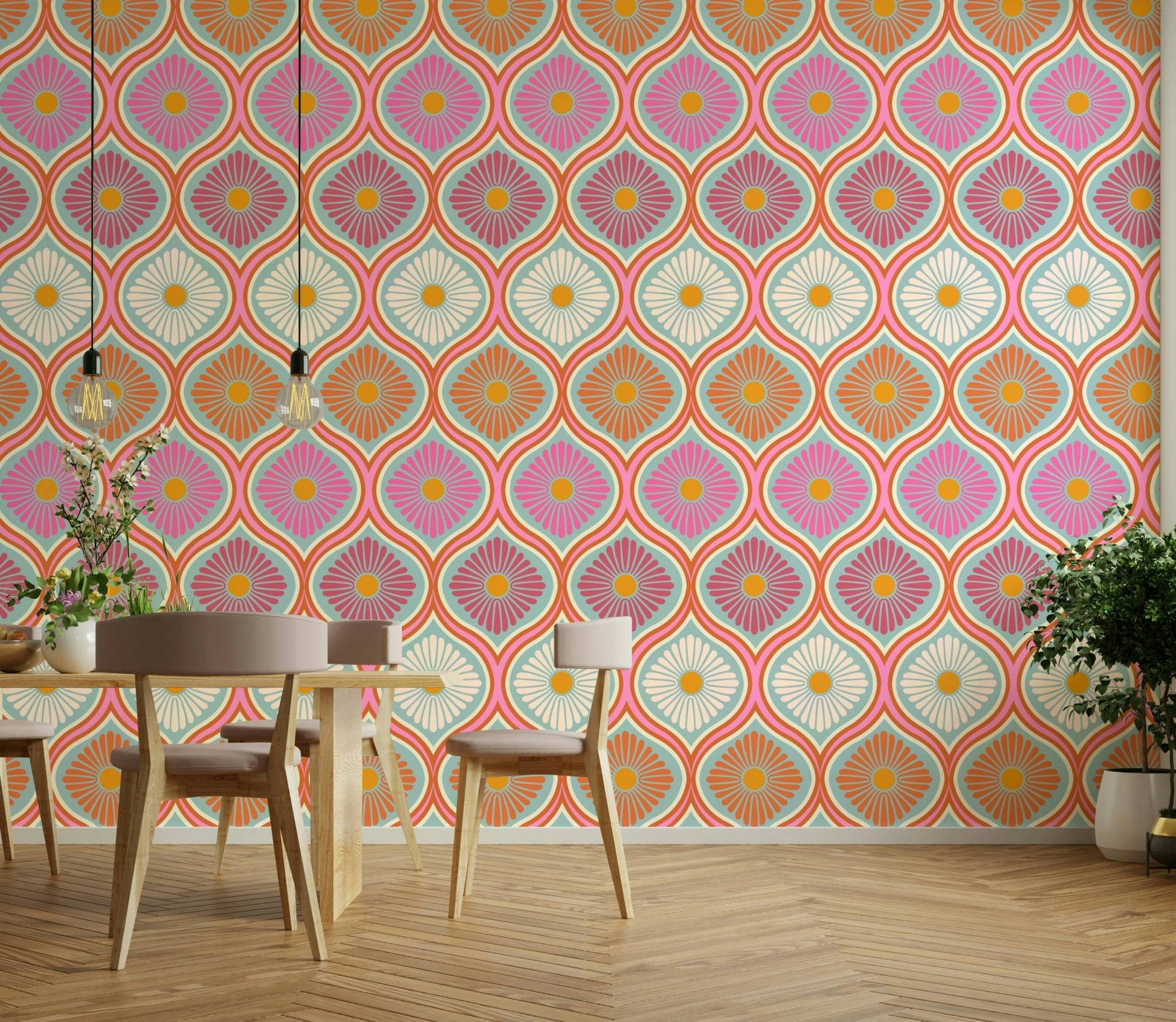 Features large, stylized flowers and psychedelic motifs.
