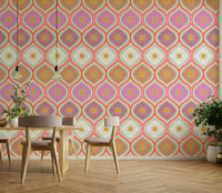 Features large, stylized flowers and psychedelic motifs.
