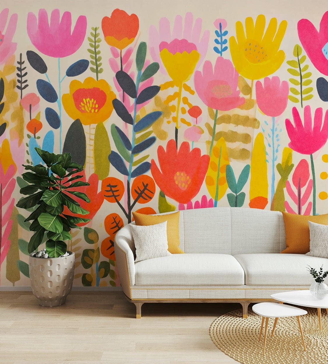 The mural gives the illusion of a window looking out onto a fun, sunny day.
