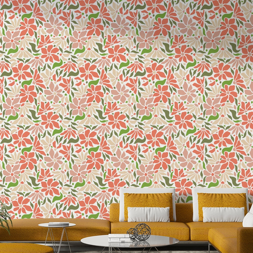Groovy Flowers Coral Green Wall Mural
