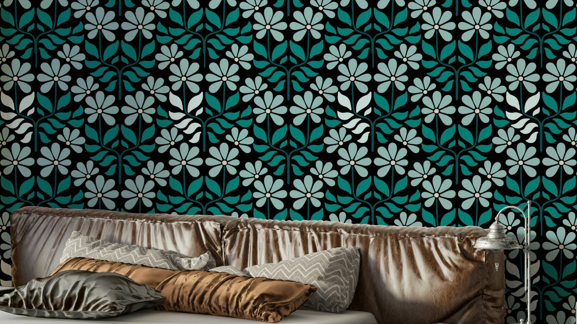 Retro floral wallpaper in duck egg blue shade

