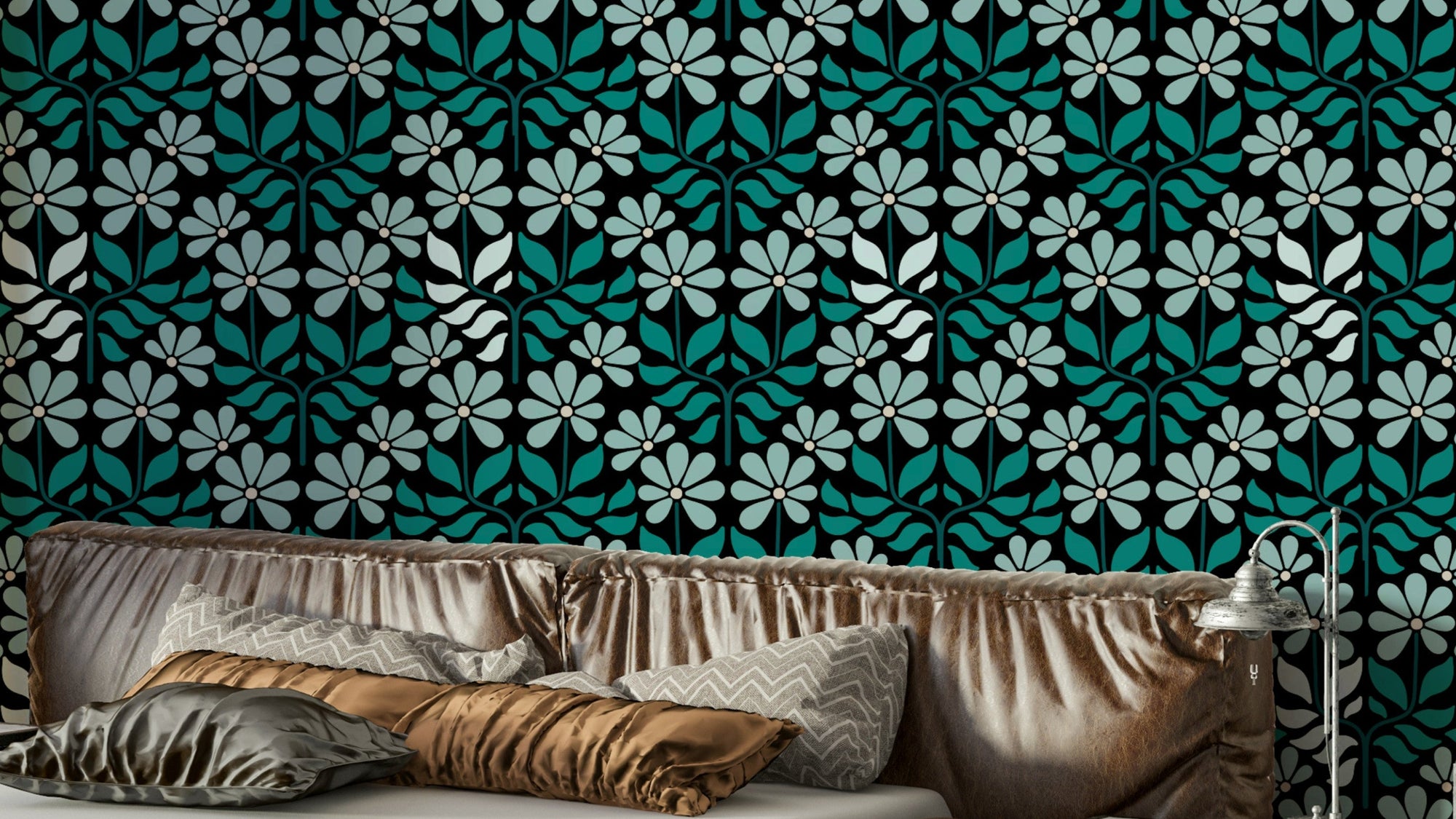 Retro floral wallpaper in duck egg blue shade

