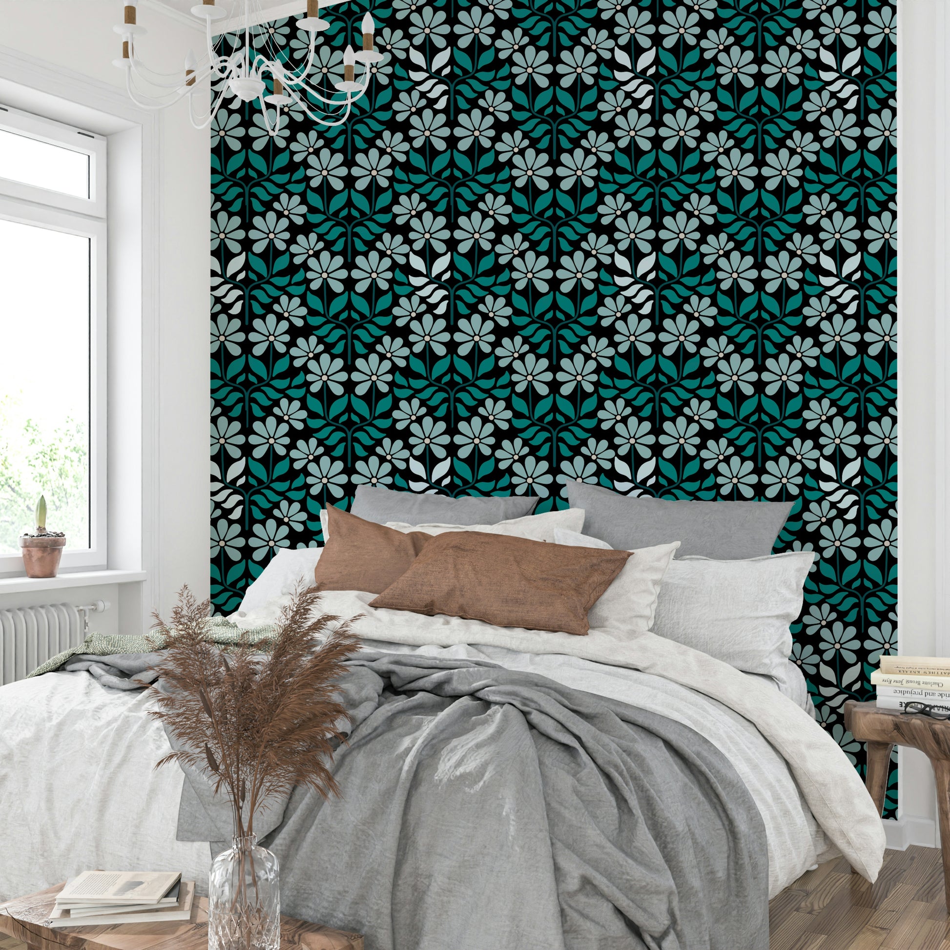 Boho-style floral wallpaper in muted blue tones

