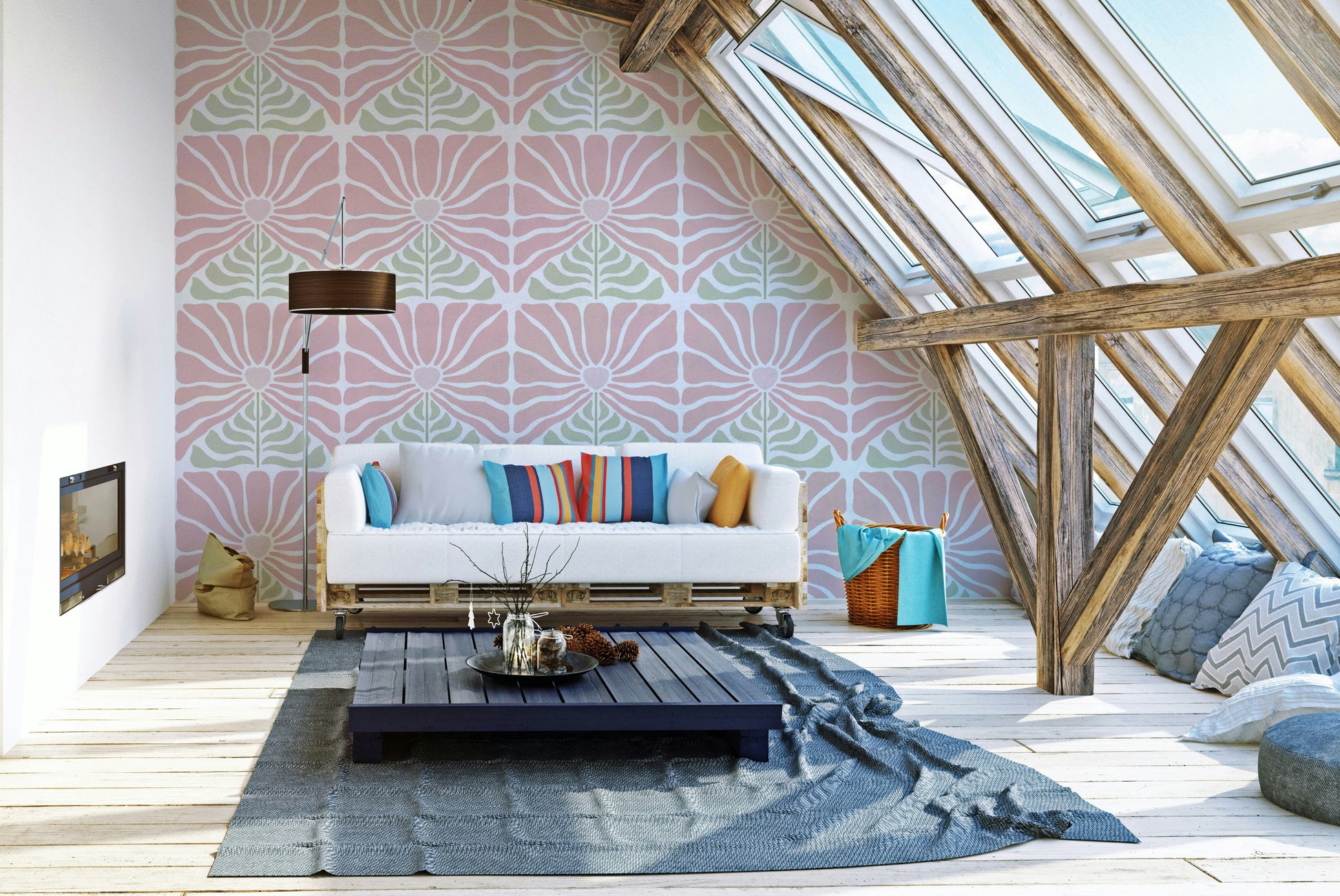 Groovy flower print on pastel pink and green

