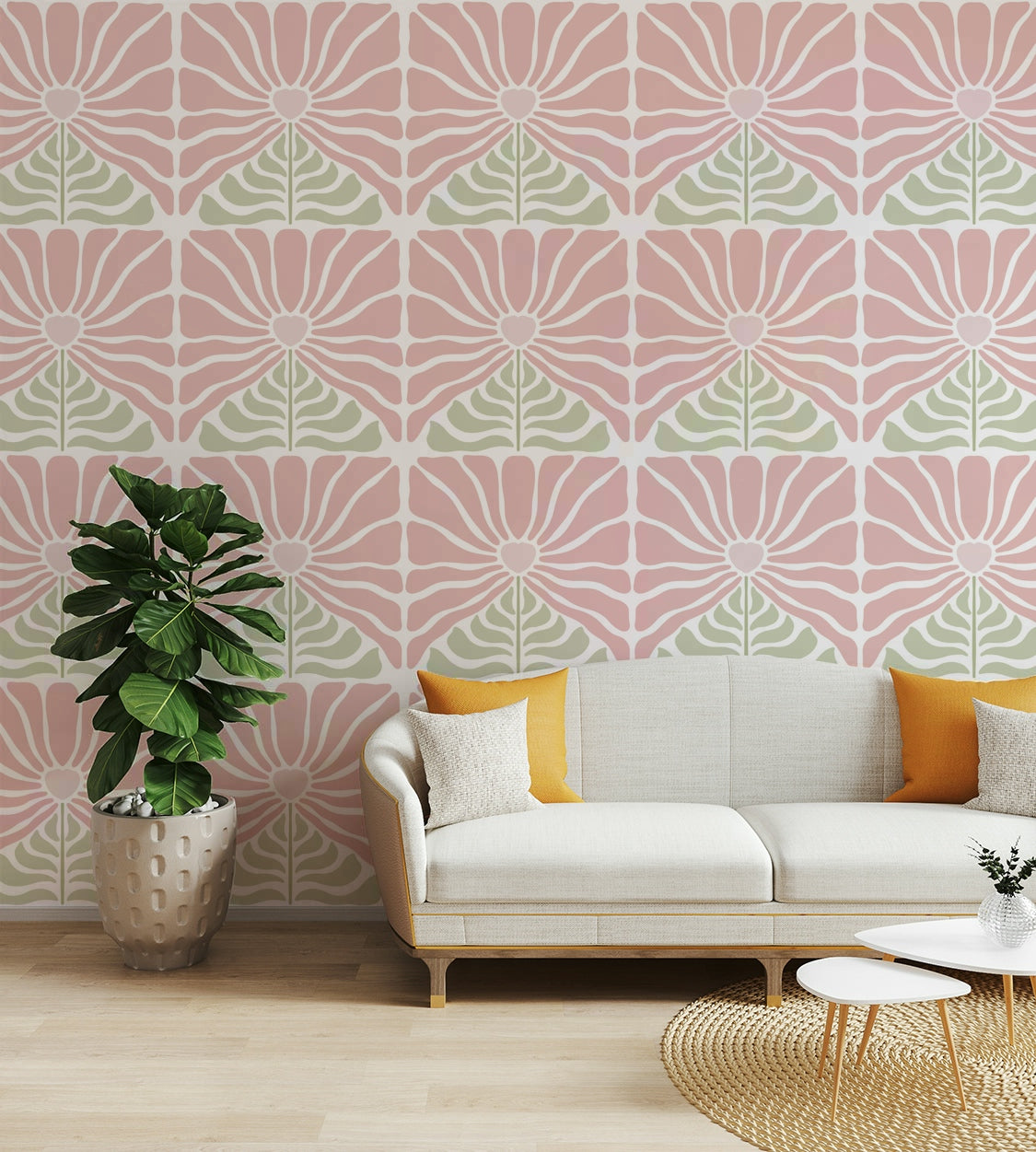 Pink and green floral design with retro charm

