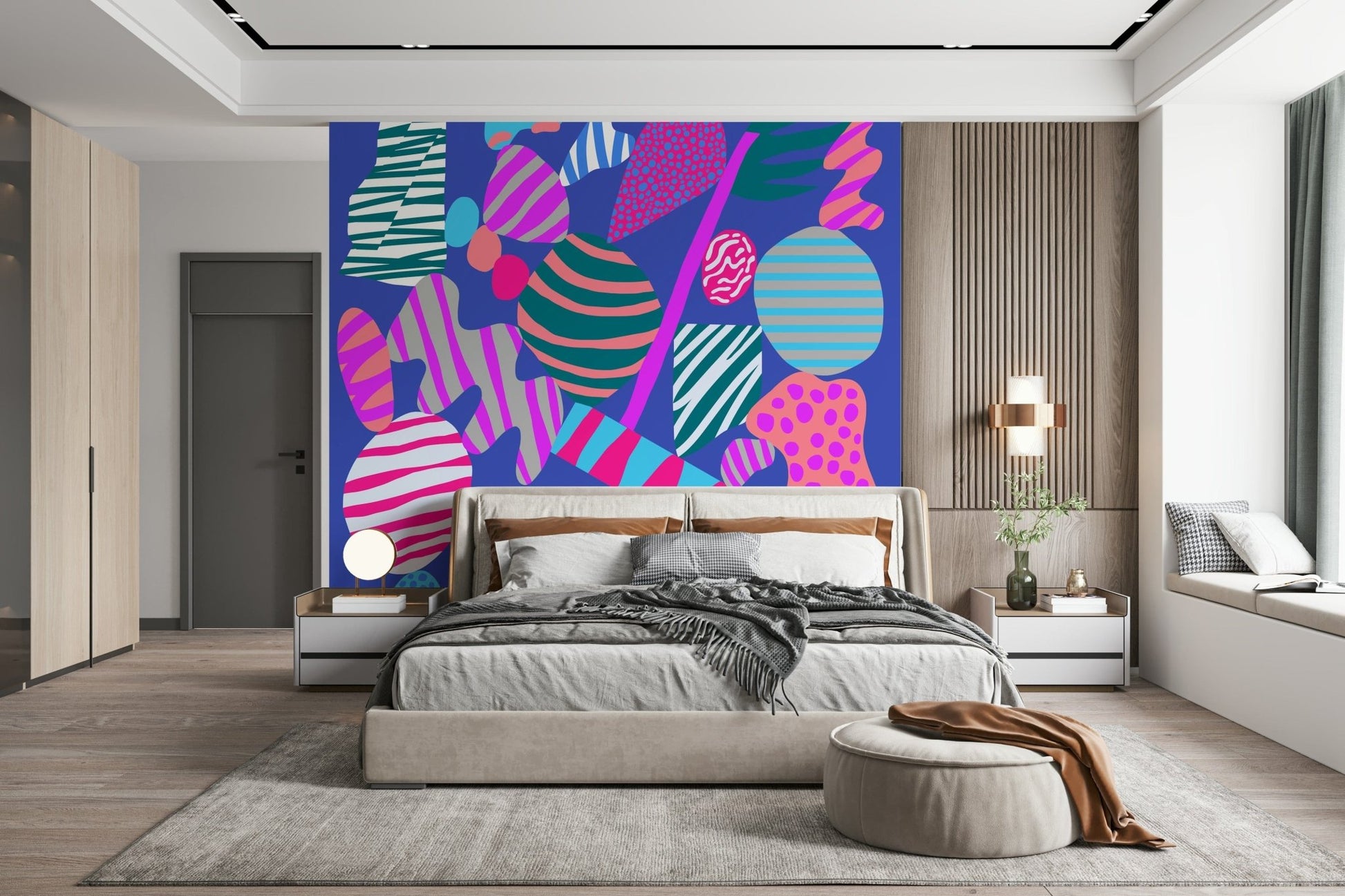 A funky geometry wallpaper featuring irregular forms, vibrant colors, and bold graphic patterns.