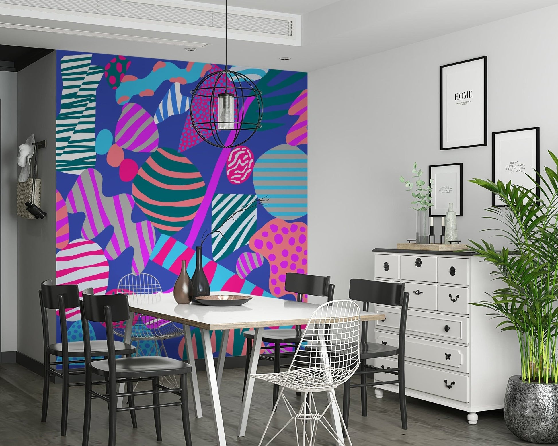 Retro geometric forms with wavy stripes and polka dots creating a playful groovy wallpaper design.