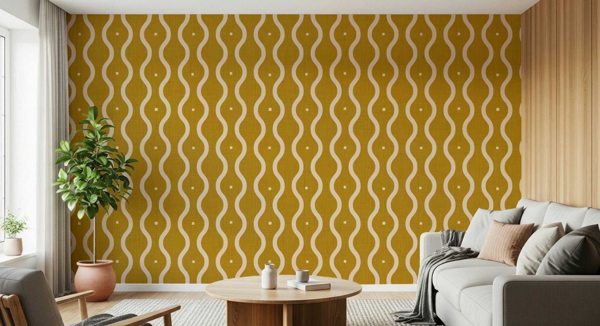 Abstract gold curvy wallpaper, cheerful appearance, sophisticated accent.
