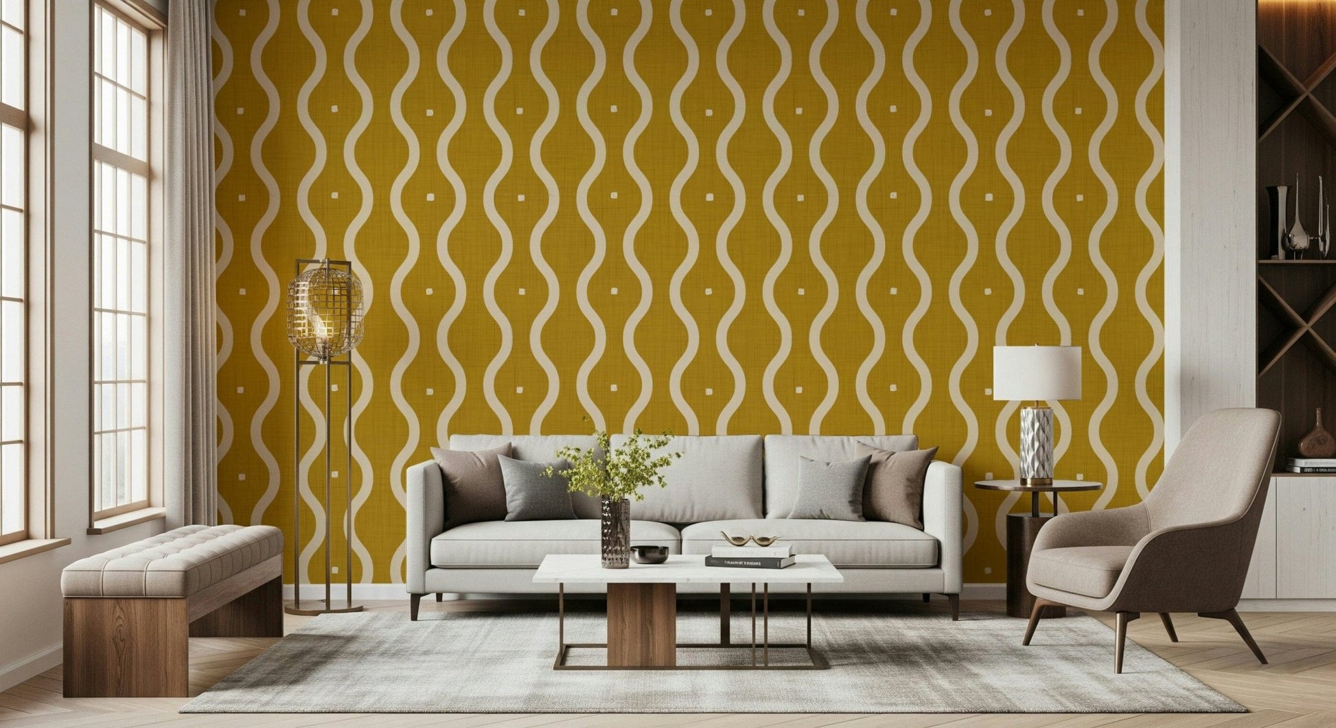 Wallpaper mural, flowing vertical curves, inviting color palette, home.
