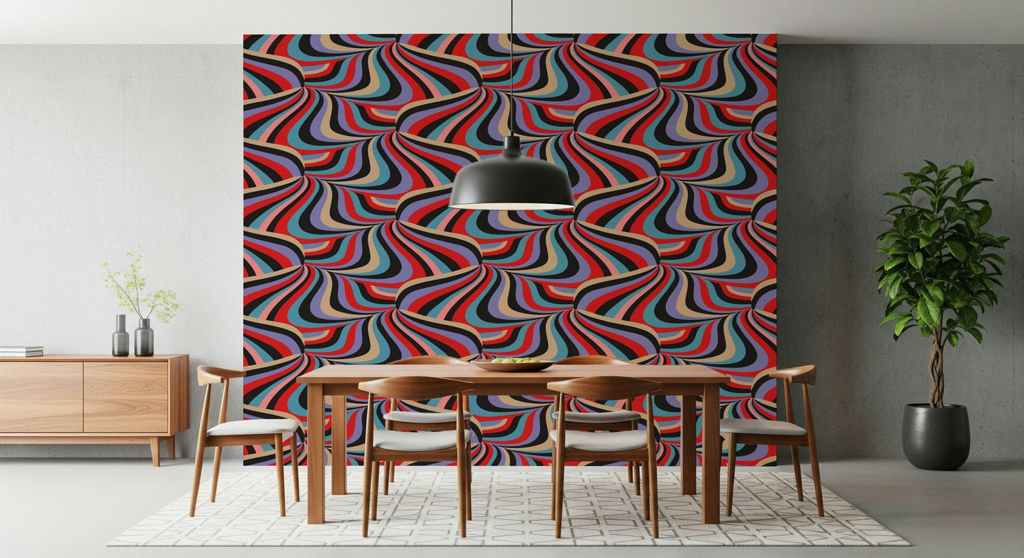 Swirling Groovy Retro Wallpaper – Dynamic abstract mural of marbled stripes in vivid multi-colored tones.