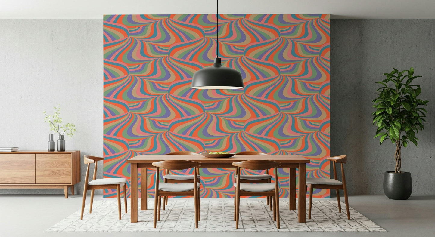 Colorful Retro Marble Swirl Wallpaper – Energetic, playful wall mural with marbled stripes in a groovy retro palette.