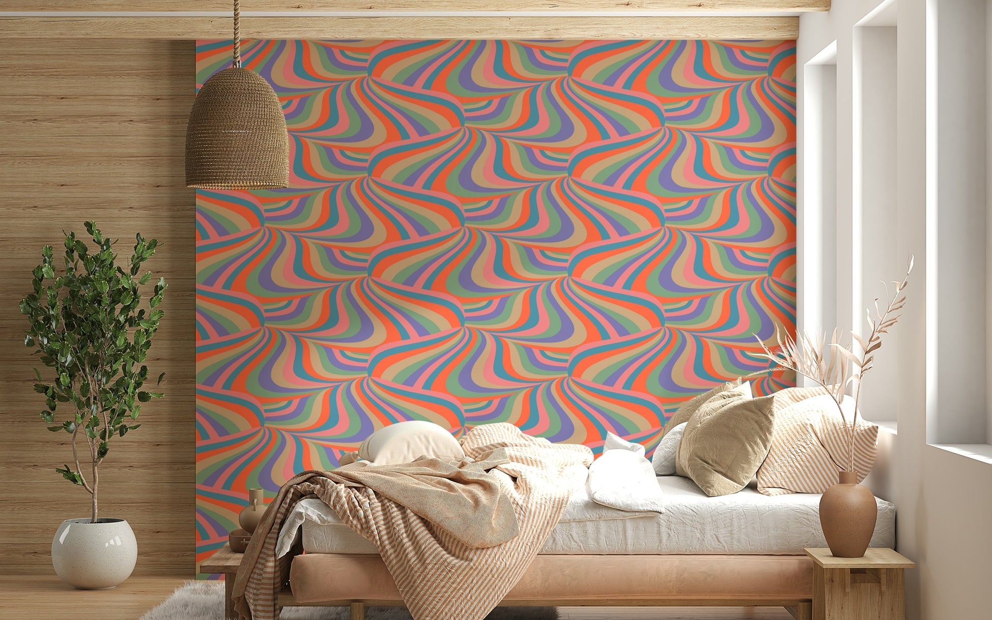 Swirling Groovy Abstract Wallpaper – Dynamic design with marble swirl stripes in pink, purple, blue, coral, mint, and cream.